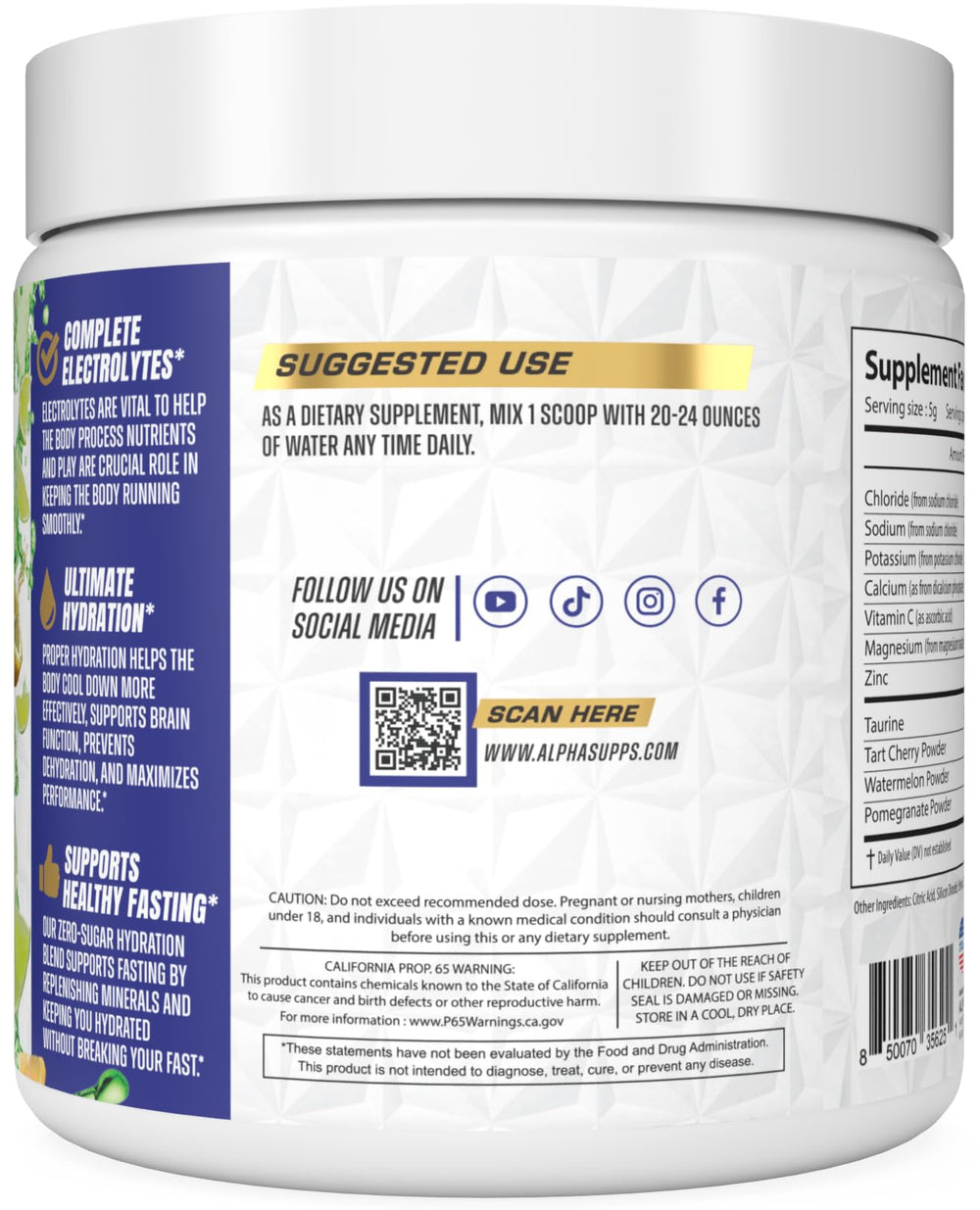 Scoop of Alpha Lytes powder next to a prepared drink for sugar-free refreshment.