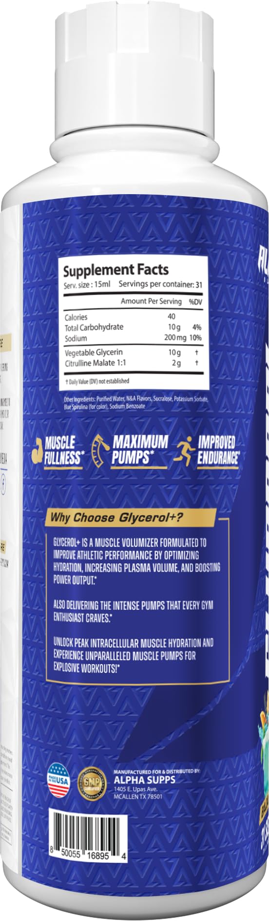 Alpha Supps Glycerol+ graphic illustrates endurance support and vascular fullness during workouts
