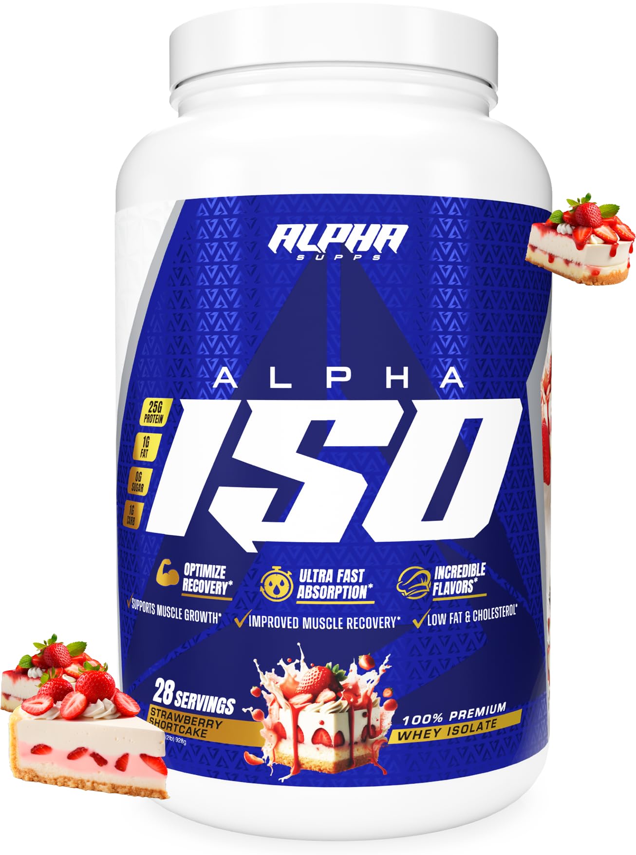 Alpha Supps ISO bottle front with label and flavor hint for protein support.