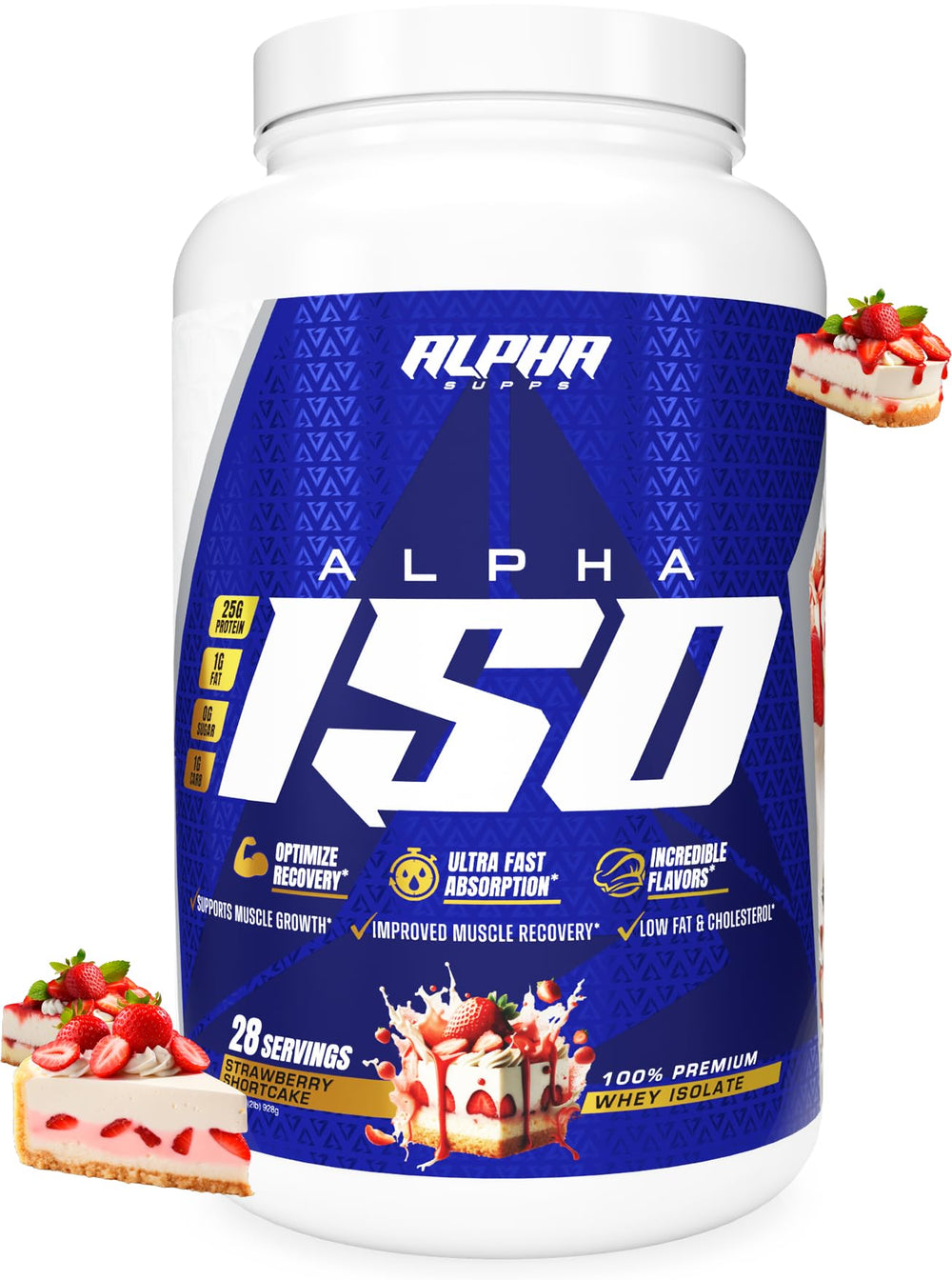 Alpha Supps ISO bottle front with label and flavor hint for protein support.