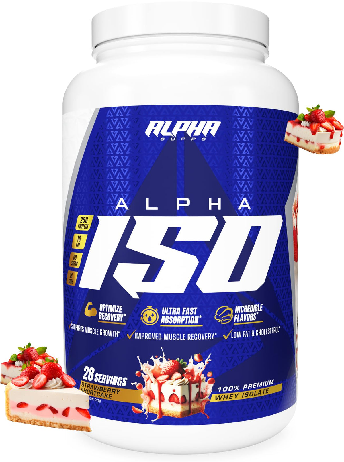 Alpha Supps ISO bottle front with label and flavor hint for protein support.