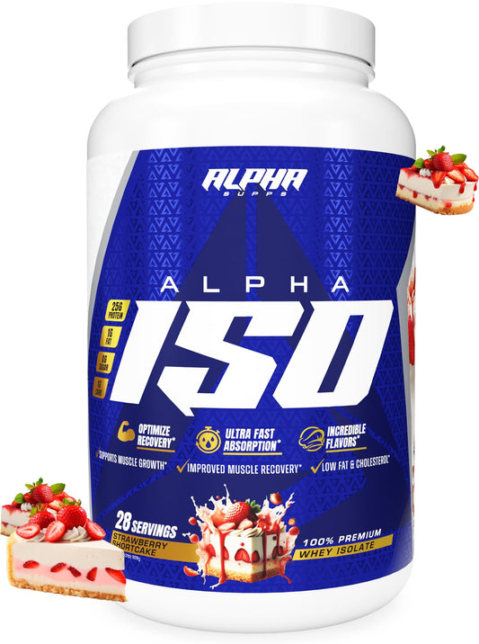 Alpha Supps ISO bottle front with label and flavor hint for protein support.