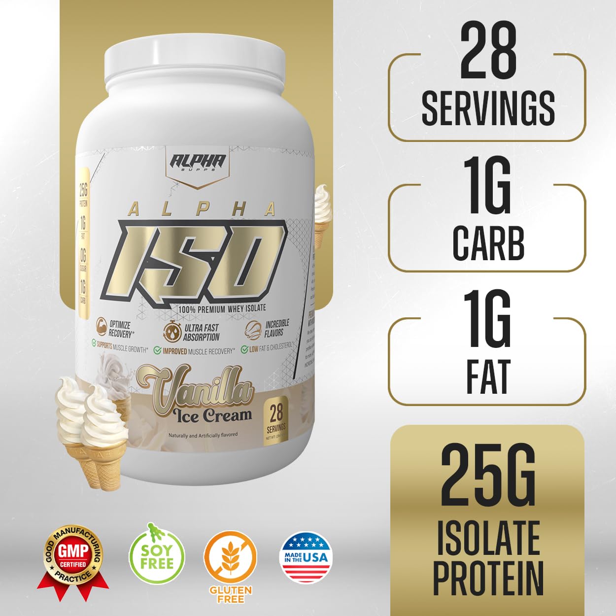 Alpha Supps ISO low-carb nutrition panel emphasizes low sugar and fat for diet-friendly shakes.