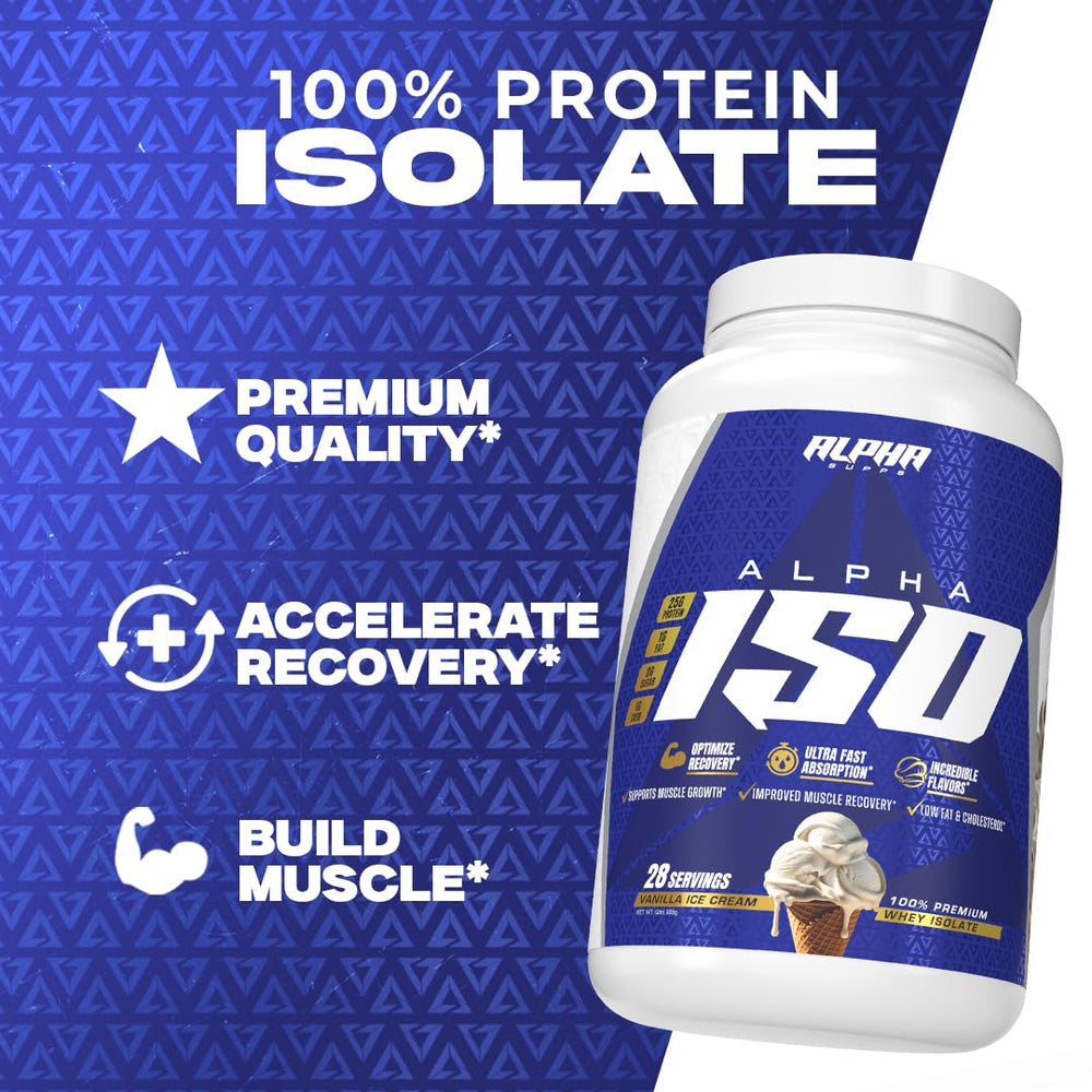 Alpha Supps ISO nutrition facts label highlights protein content per serving.