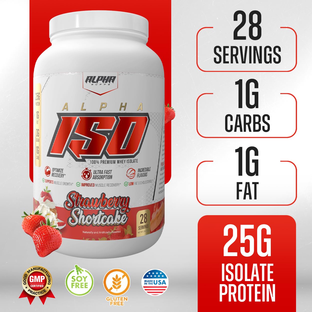 Alpha Supps ISO nutrition facts label highlighting low sugar claim.