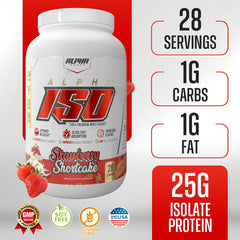 Alpha Supps ISO nutrition facts label highlighting low sugar claim.