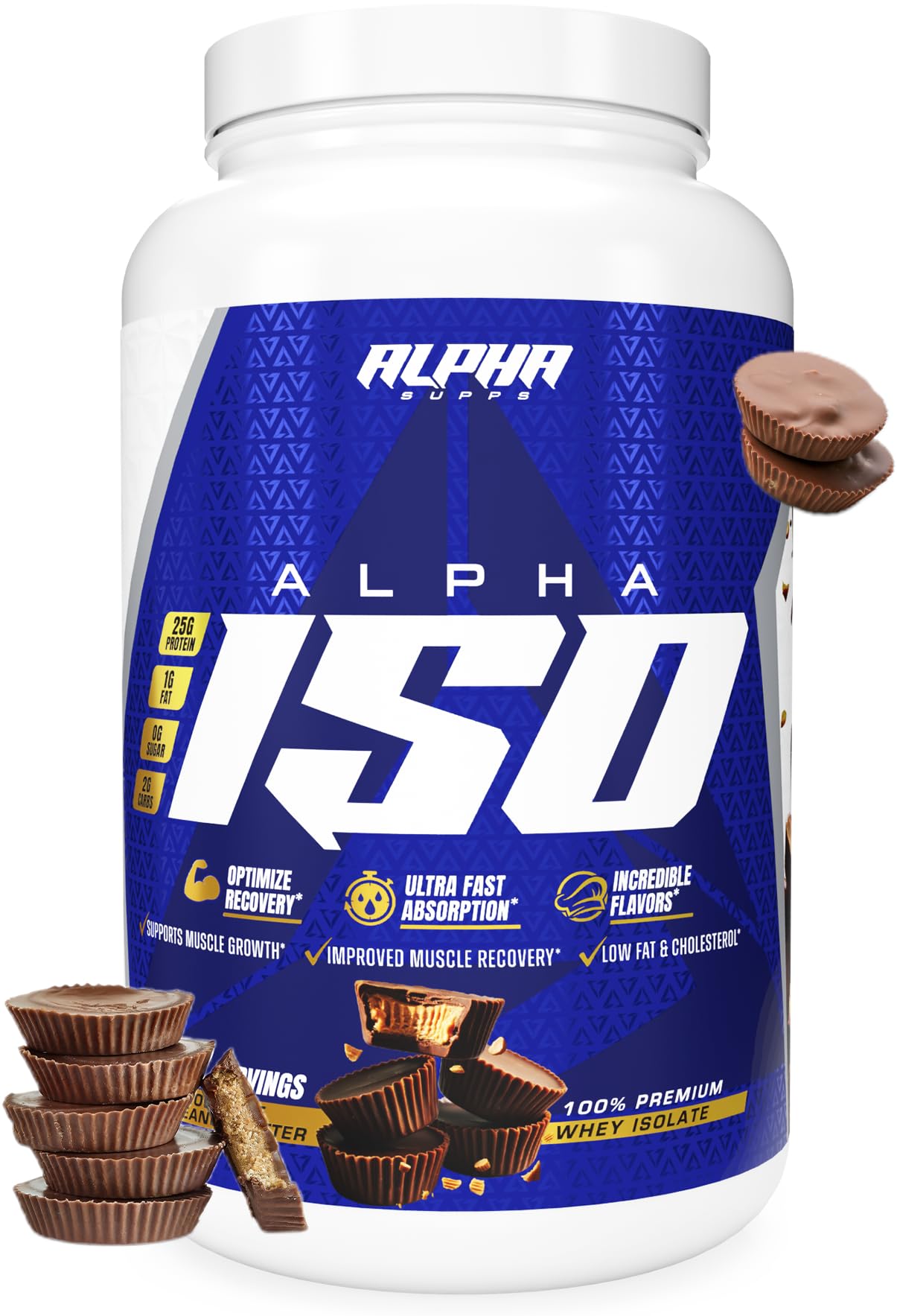 Alpha Supps ISO whey canister side view with premium protein powder.