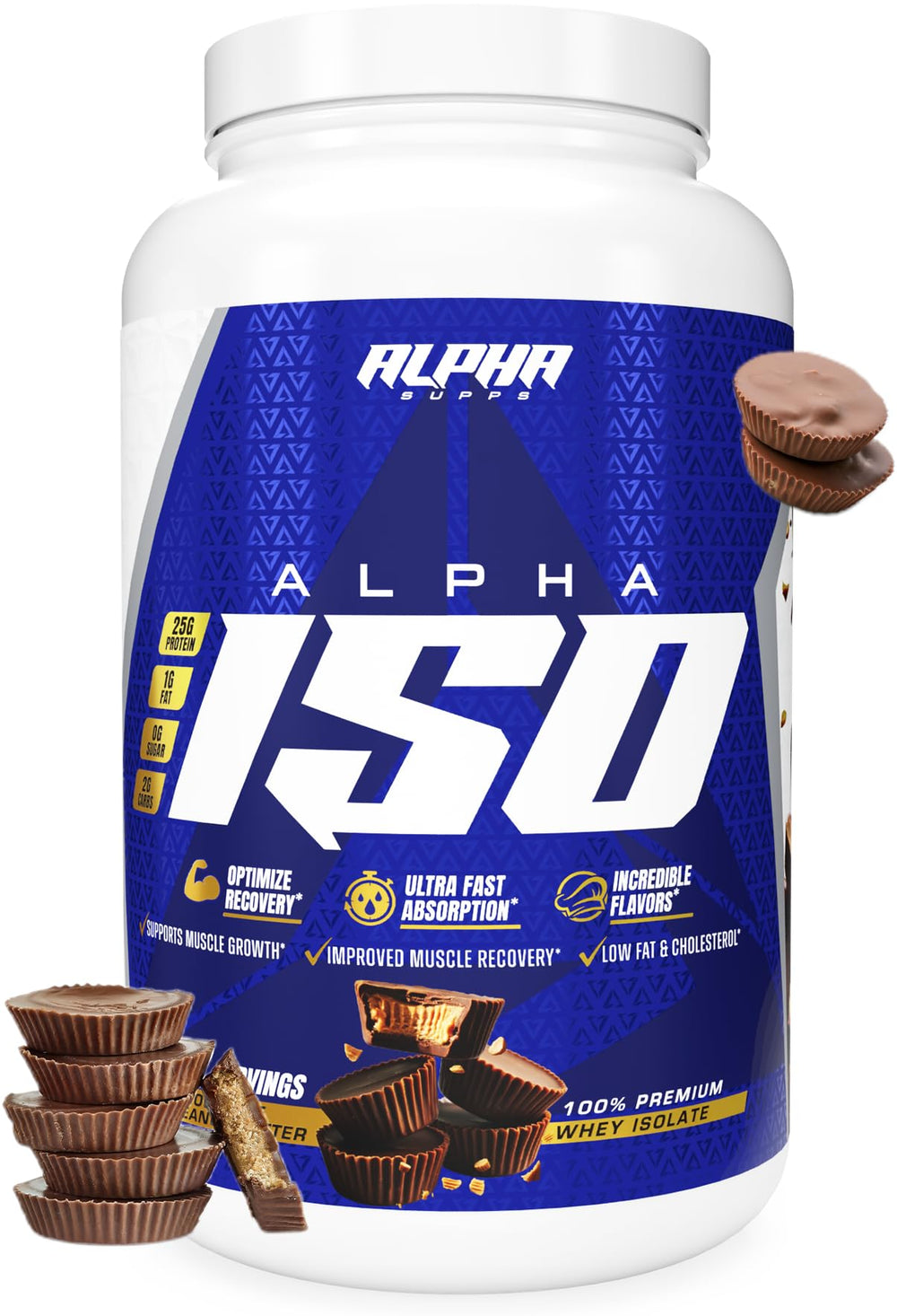 Alpha Supps ISO whey canister side view with premium protein powder.