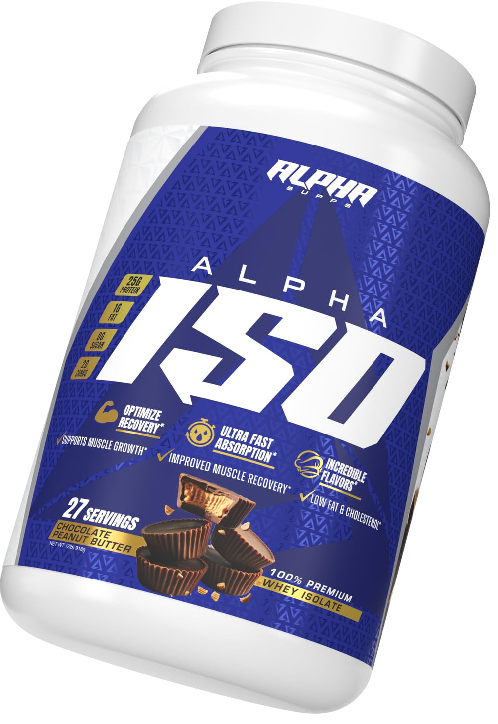 Alpha Supps ISO whey chocolate peanut butter flavor close-up visual.