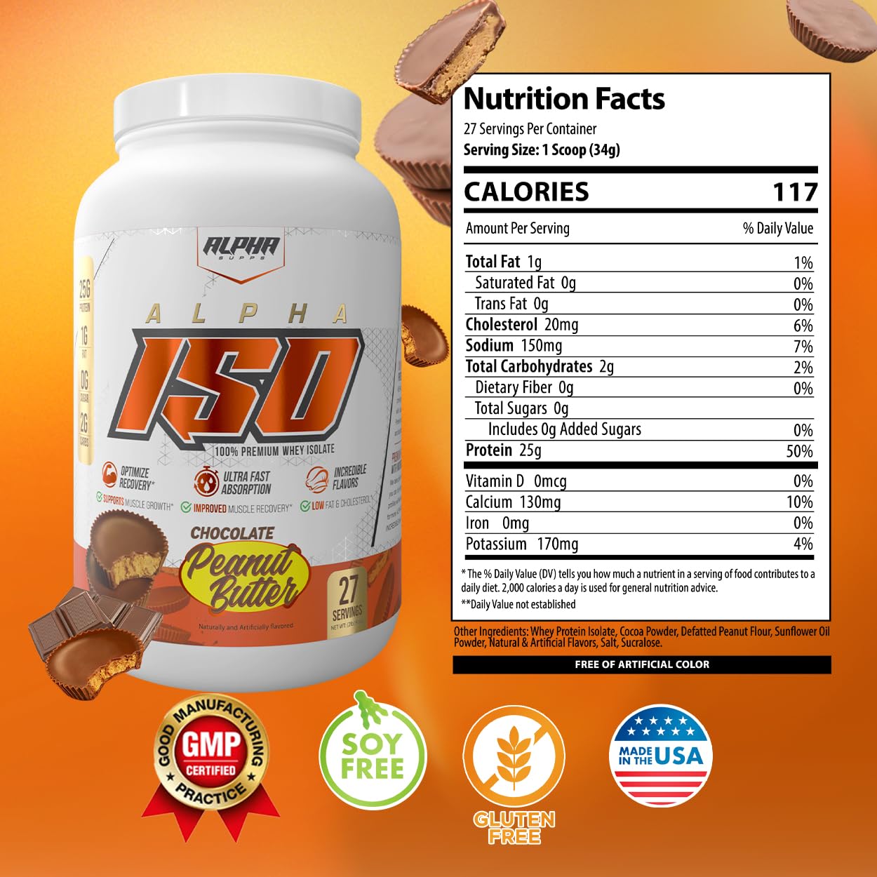 Alpha Supps ISO whey chocolate peanut butter tub looks flavorful.