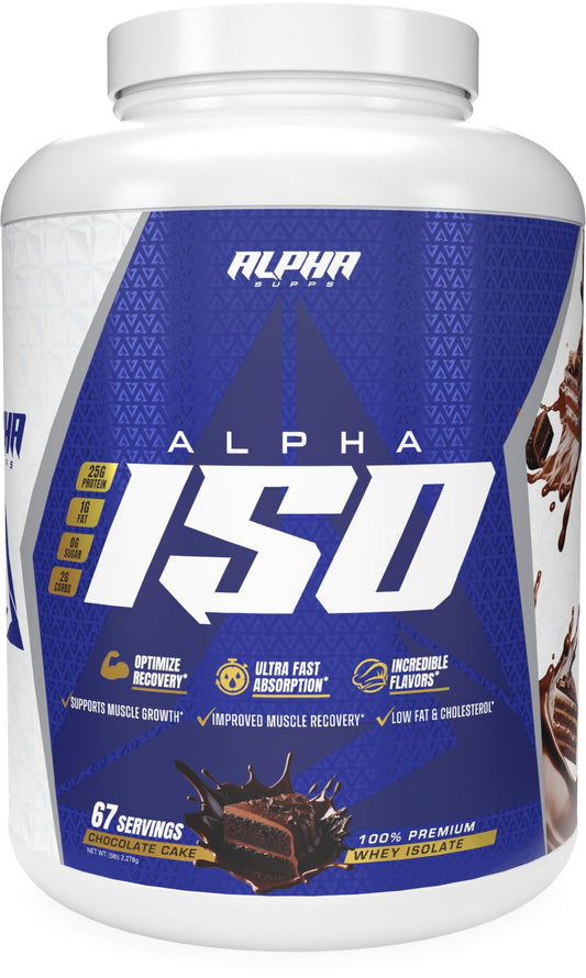 Alpha Supps ISO Whey canister showing 25 g protein per serving for muscle support.