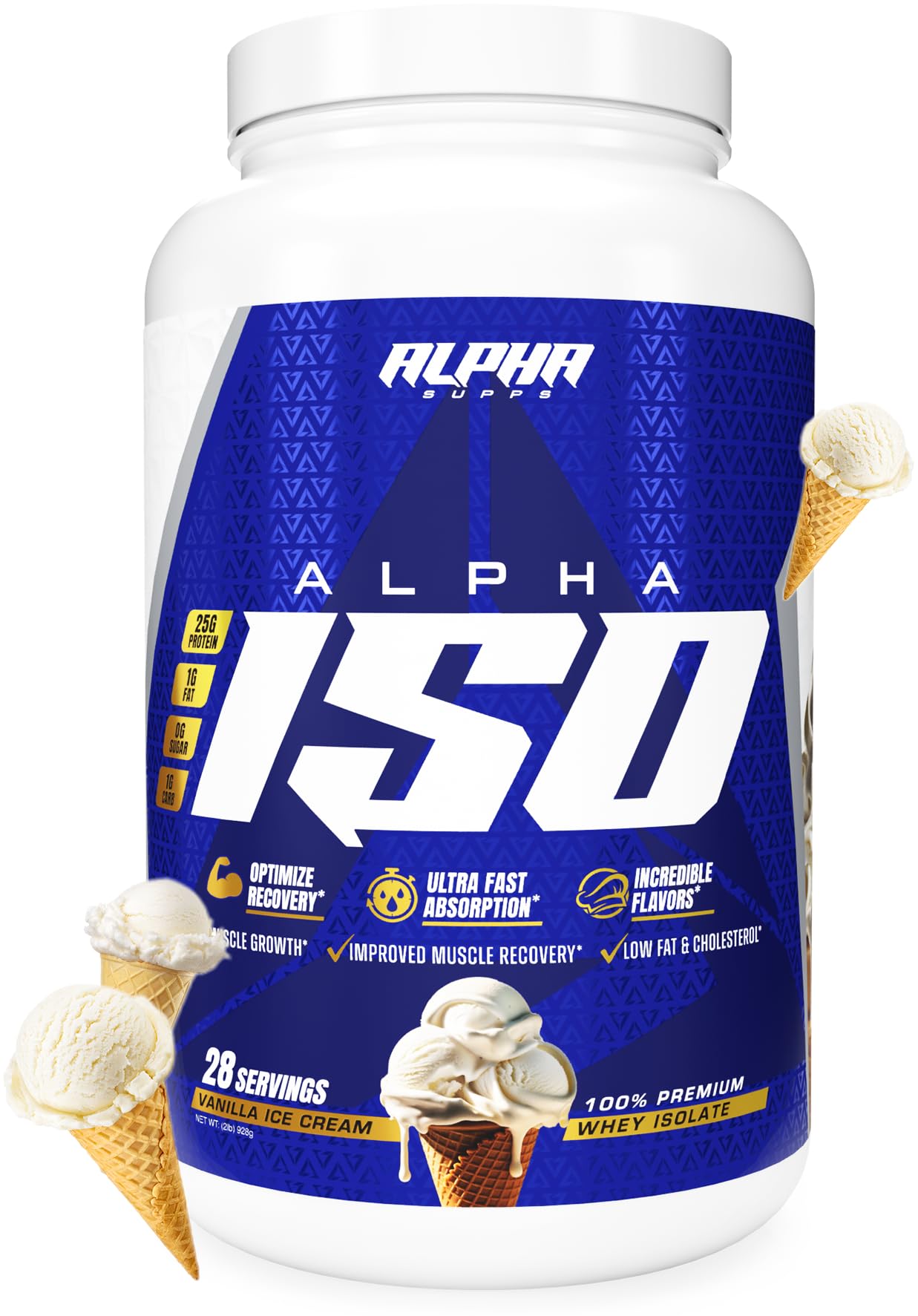 Alpha Supps ISO whey protein tub front shows premium packaging for reliable protein support.