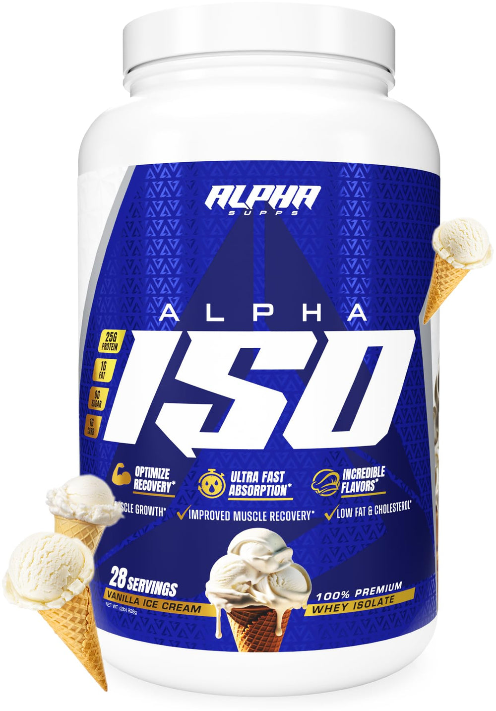 Alpha Supps ISO whey protein tub front shows premium packaging for reliable protein support.
