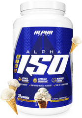 Alpha Supps ISO whey protein tub front shows premium packaging for reliable protein support.
