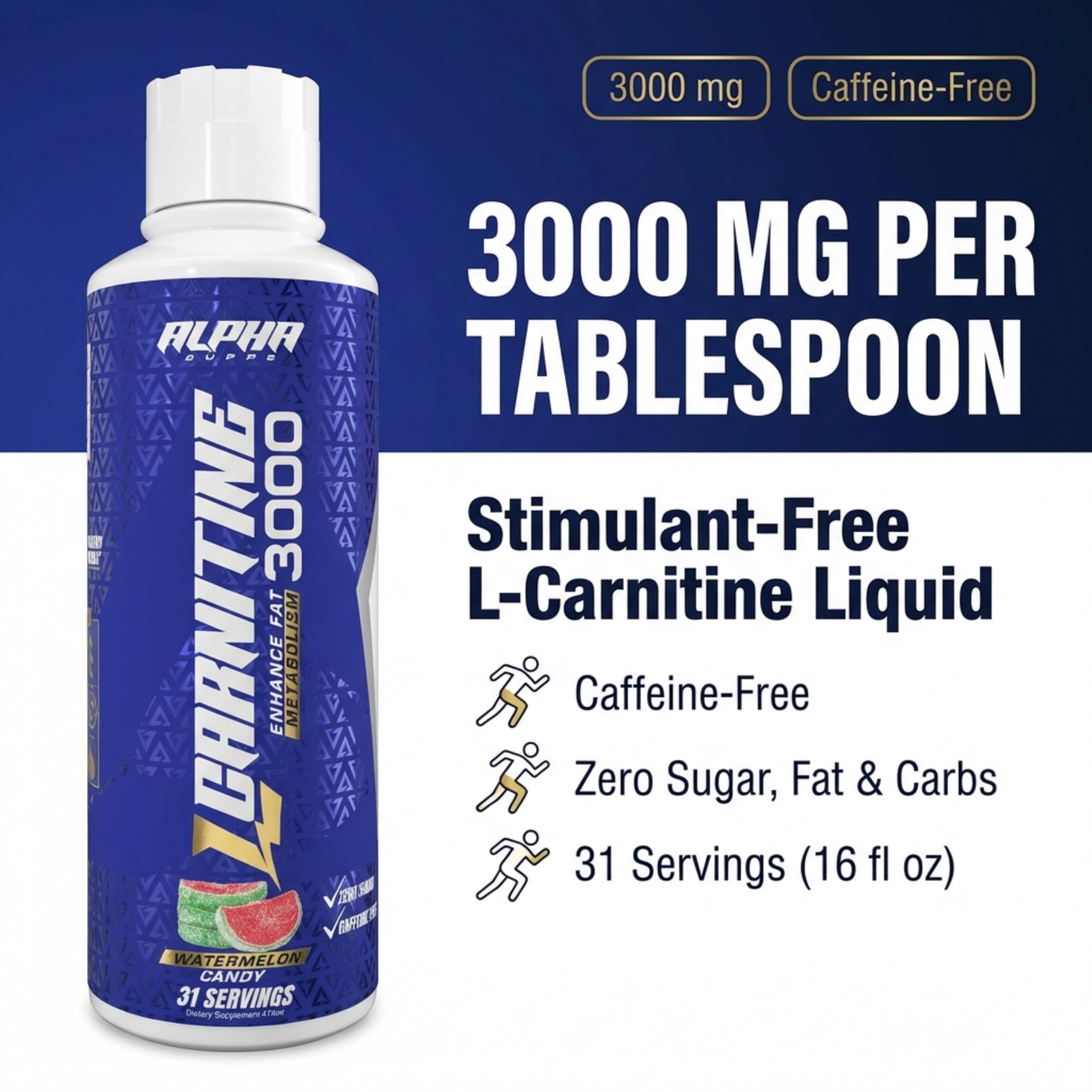 Alpha Supps L-Carnitine Liquid 3000 bottle label shows caffeine-free formula.