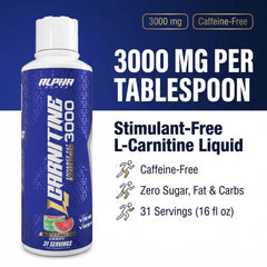 Alpha Supps L-Carnitine Liquid 3000 bottle label shows caffeine-free formula.
