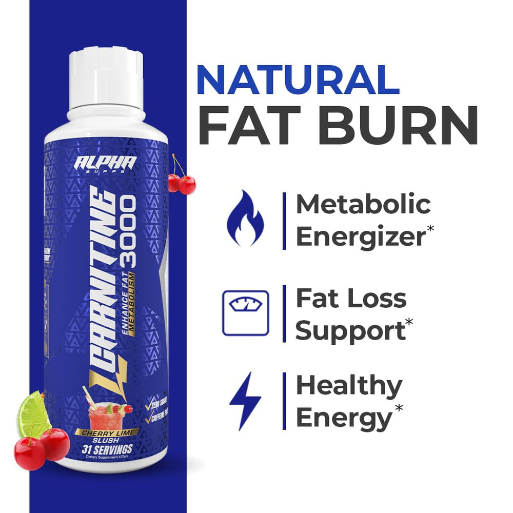 Alpha Supps L-Carnitine Liquid 3000 glass with mixed beverage for pre-workout support.