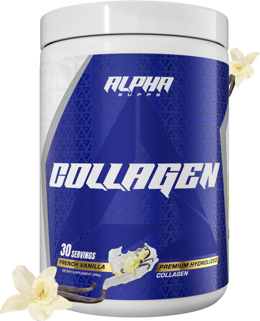 Alpha Supps Premium Hydrolyzed Collagen Bottle Pour for easy daily use and potential skin support.