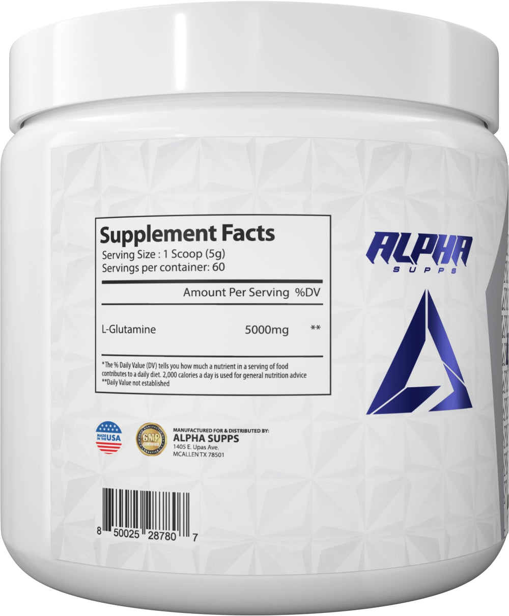 Alpha Supps Pure L-Glutamine powder delivers 5g per serving for recovery.