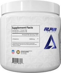 Alpha Supps Pure L-Glutamine powder delivers 5g per serving for recovery.