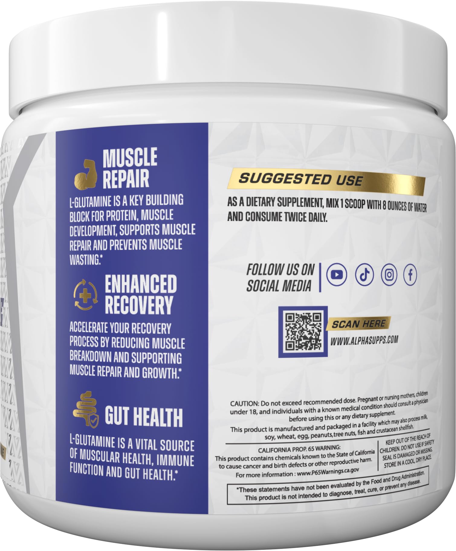 Alpha Supps Pure L-Glutamine powder easily blends into shakes with no taste.