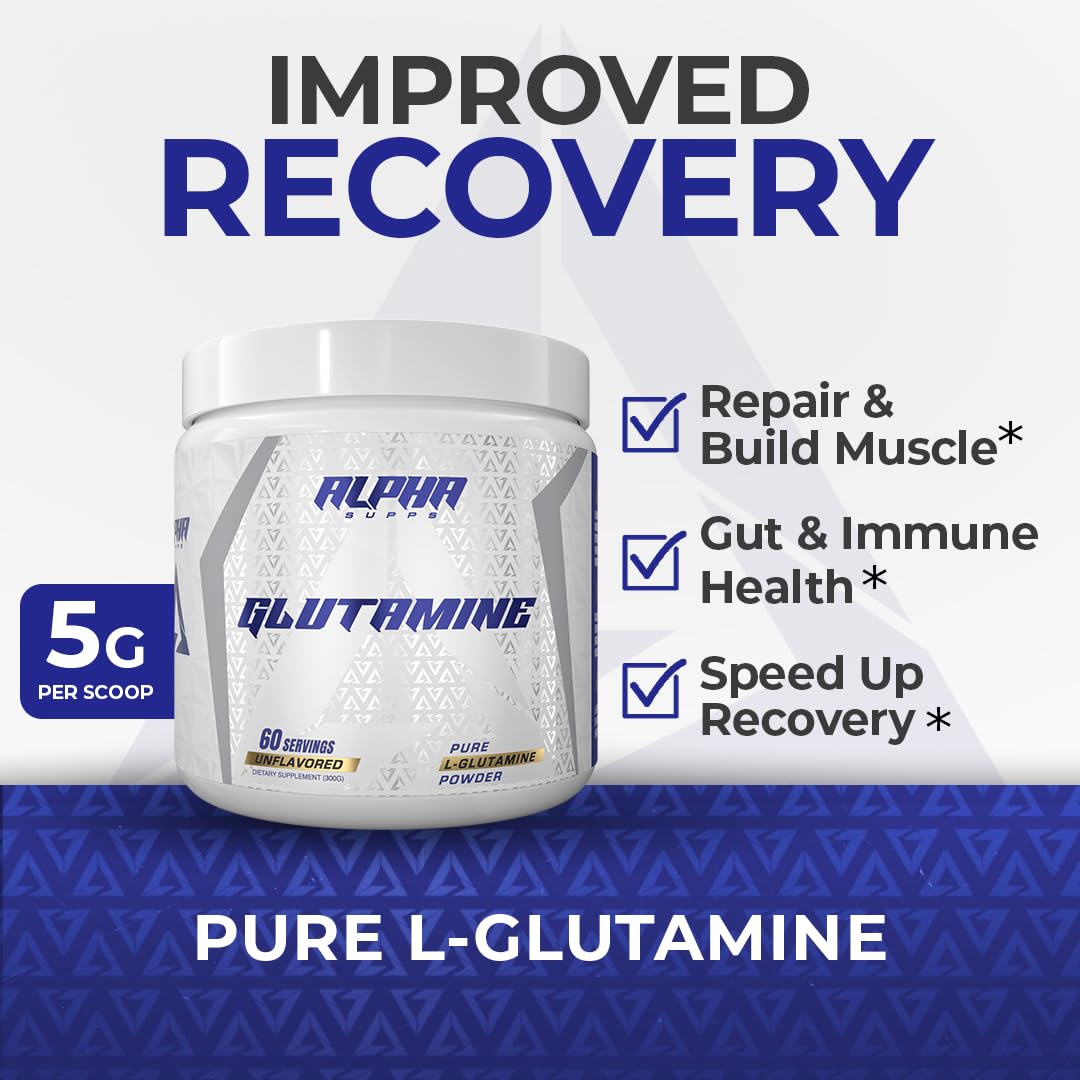 Alpha Supps Pure L-Glutamine powder micronized for fast absorption in drinks.