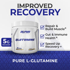 Alpha Supps Pure L-Glutamine powder micronized for fast absorption in drinks.