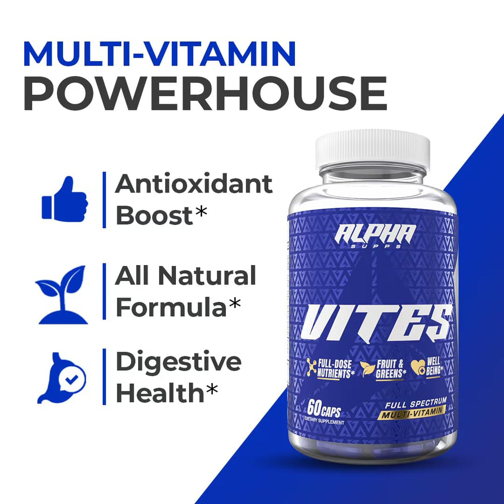 Daily tablets from Alpha Supps Vites shown on a counter for routine use