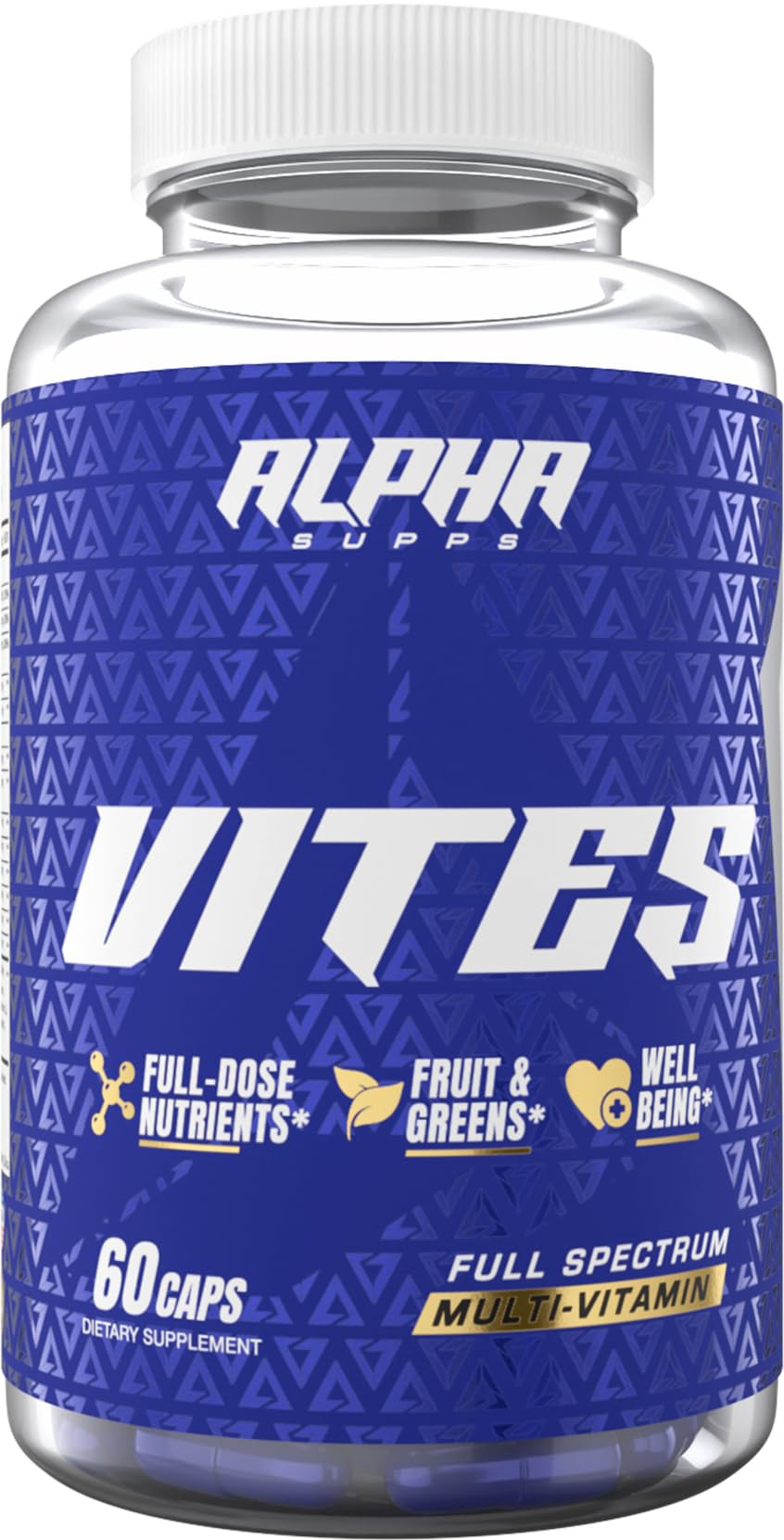Alpha Supps Vites bottle showing daily men’s multivitamin for energy and immune support