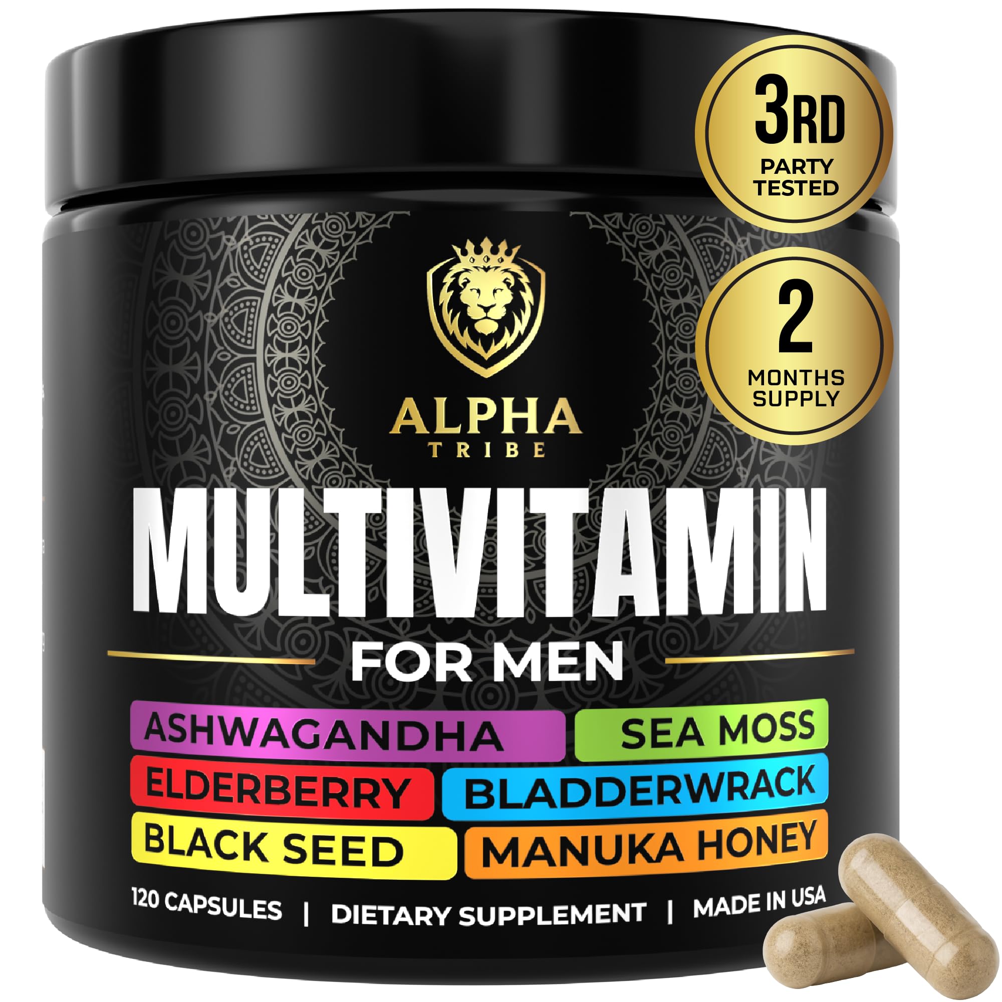 Alpha Tribe sea moss bottle image highlighting daily vitality support for men