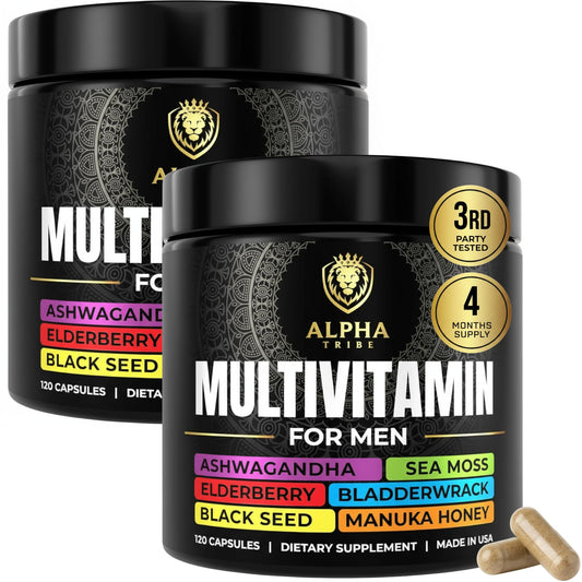 Alpha Tribe men’s multivitamin with sea moss capsules support daily vitality and energy.