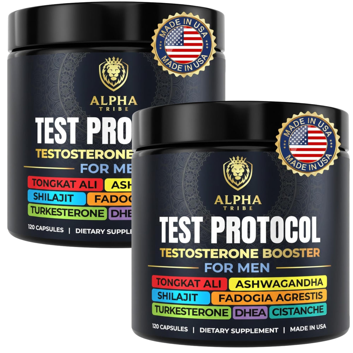 Alpha Tribe Test Protocol bottle front highlights natural vitality.