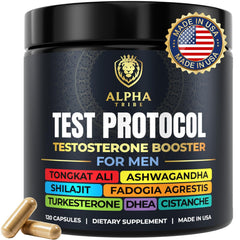 Alpha Tribe Test Protocol bottle front boosts daily vitality potential.