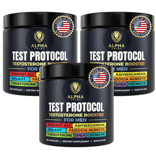 Alpha Tribe Test Protocol bottle with key ingredients highlights and energy benefits.