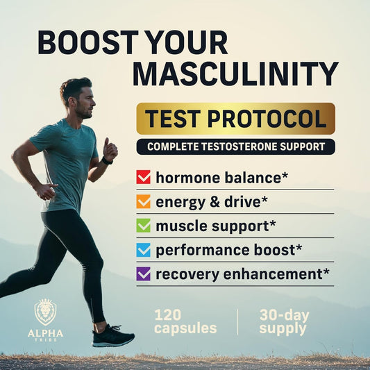 Alpha Tribe Test Protocol capsules close-up illustrate convenient daily performance support.