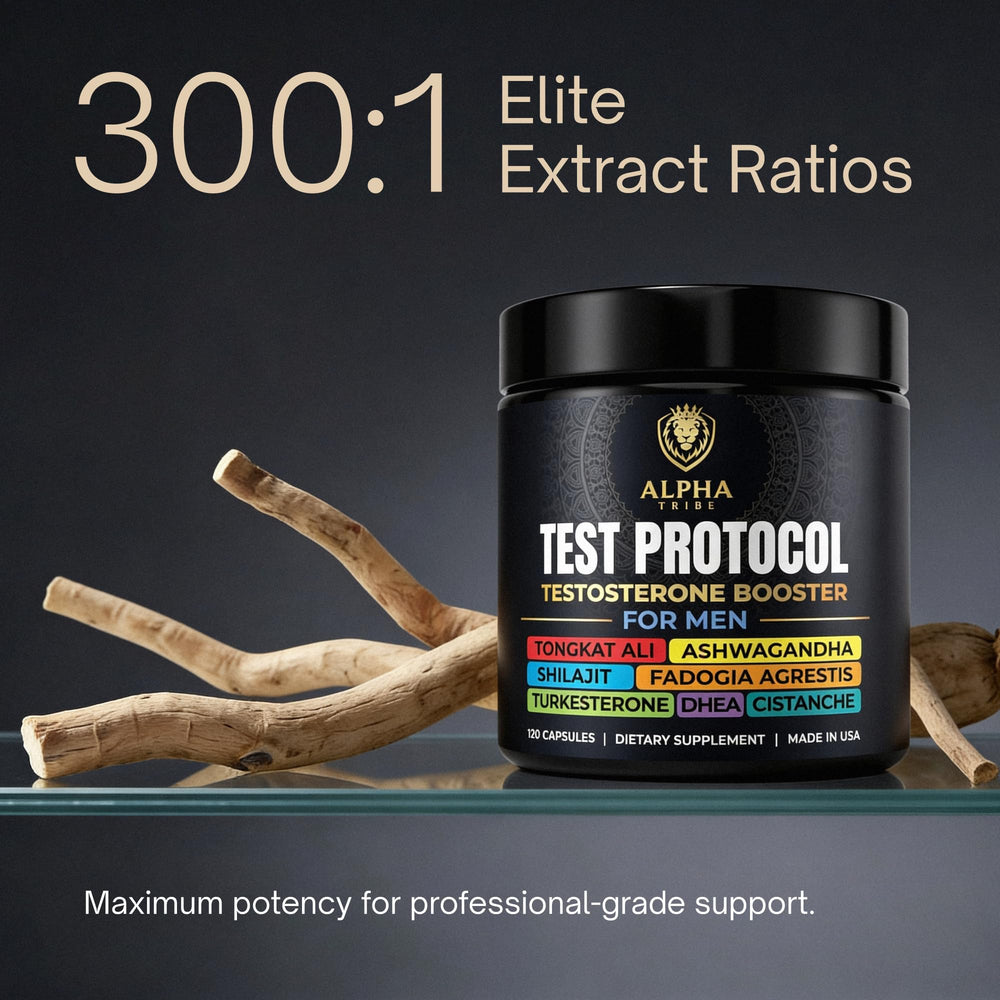 Alpha Tribe Test Protocol facts card highlights USA-made, non-GMO quality.