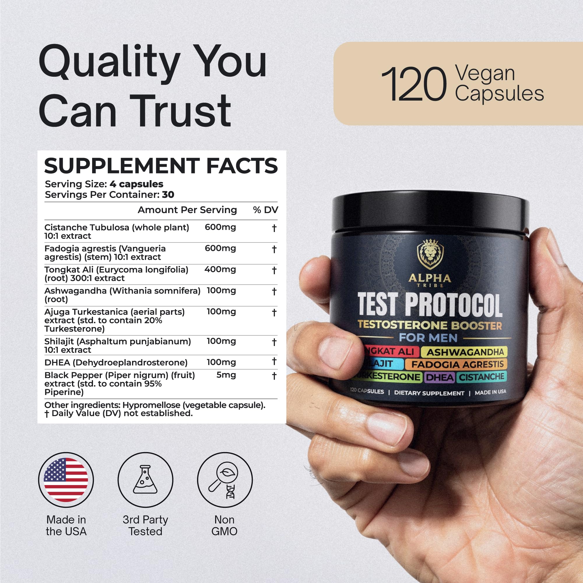 Alpha Tribe Test Protocol label closeup shows cGMP quality and natural ingredients.