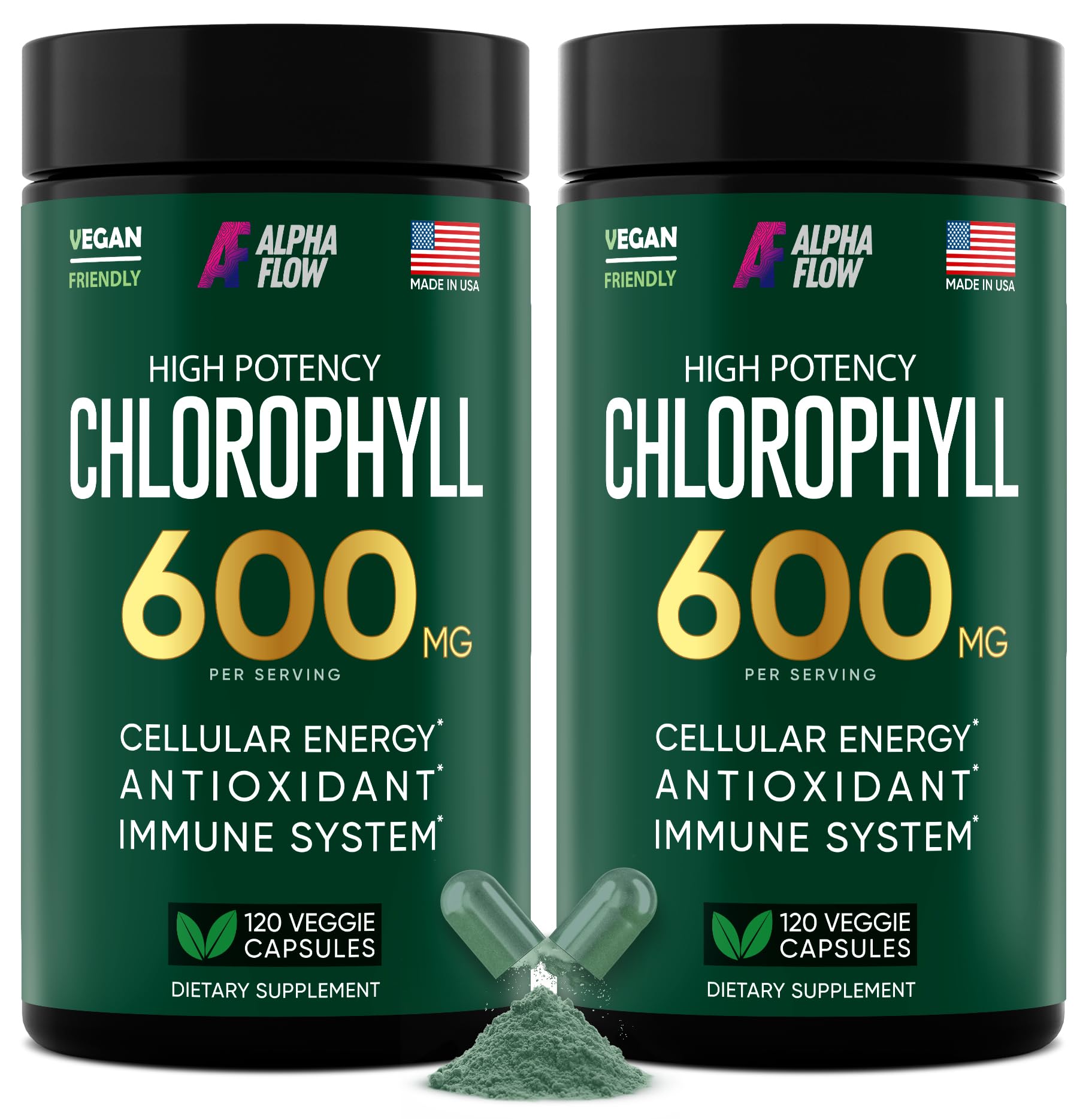 Alpha Flow chlorophyll capsules 600mg bottle highlighting a convenient energy and skin support option.