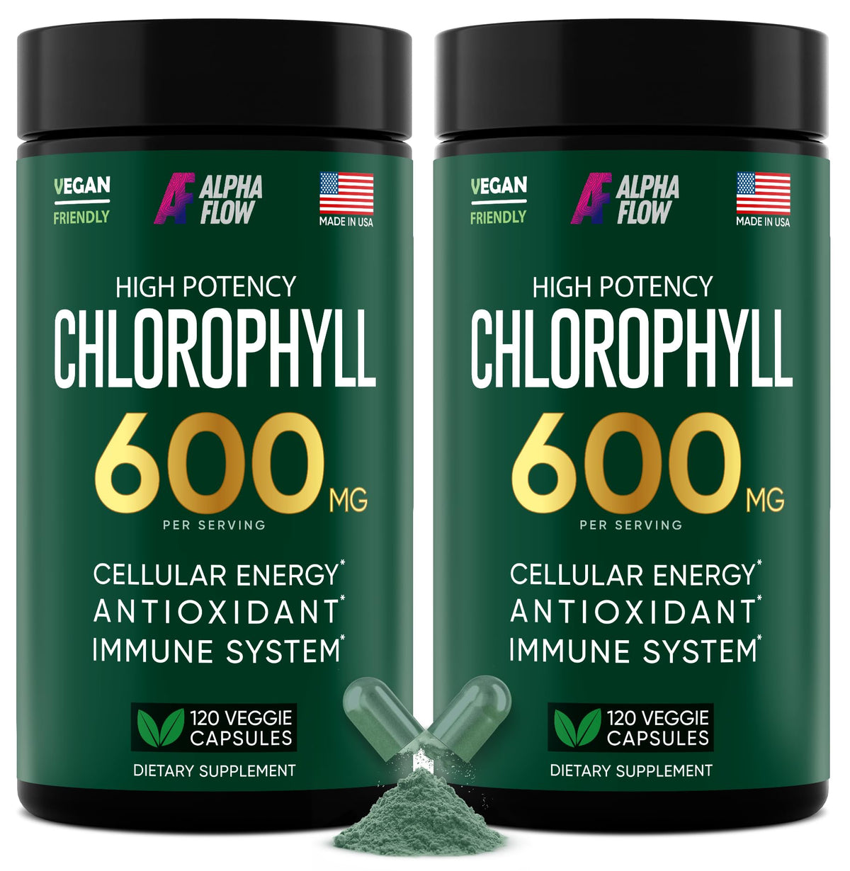Alpha Flow chlorophyll capsules 600mg bottle highlighting a convenient energy and skin support option.