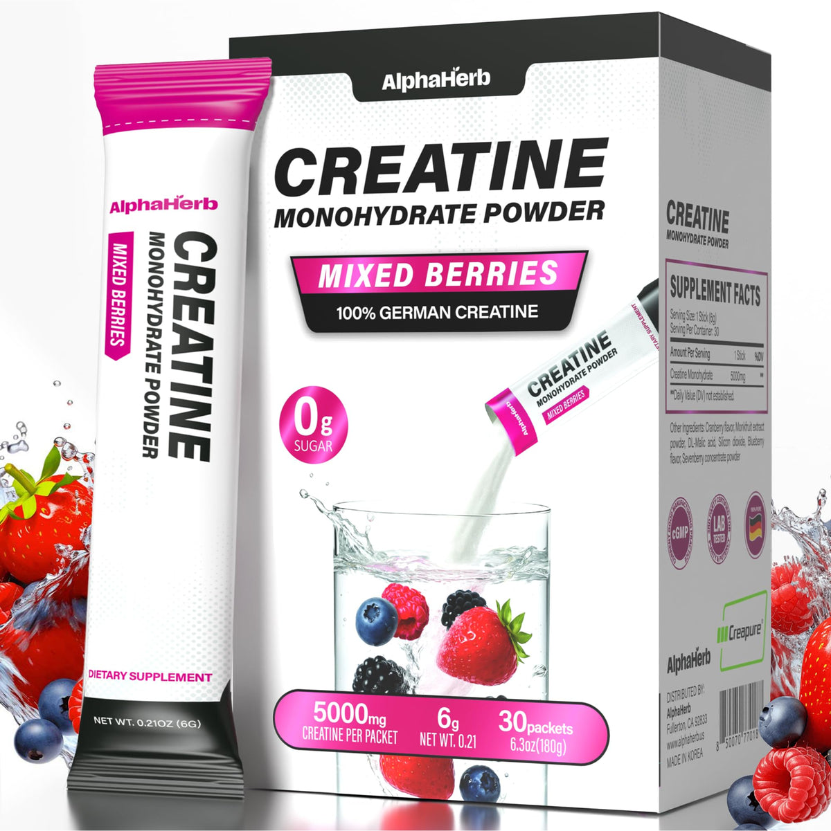 AlphaHerb creatine monohydrate stick with mixed berry flavor for on-the-go energy