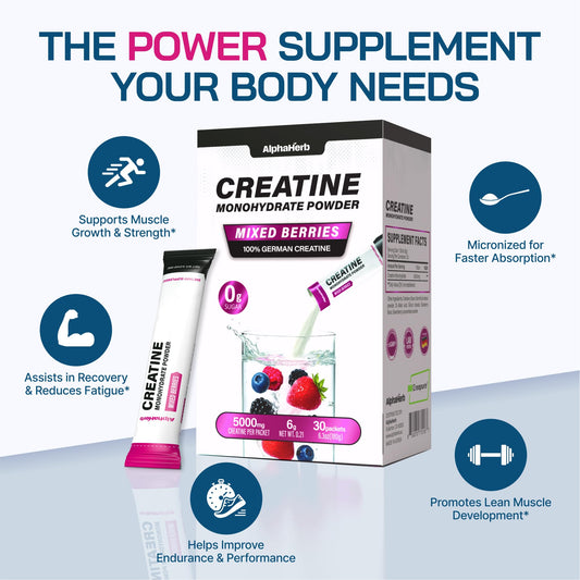 AlphaHerb Creapure stick packs deliver 5000mg of creatine per serving
