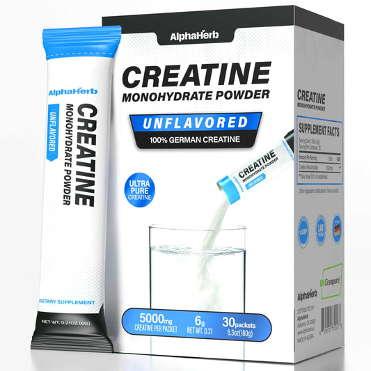 AlphaHerb Creatine monohydrate stick pack for convenient pre- or post-workout fueling.