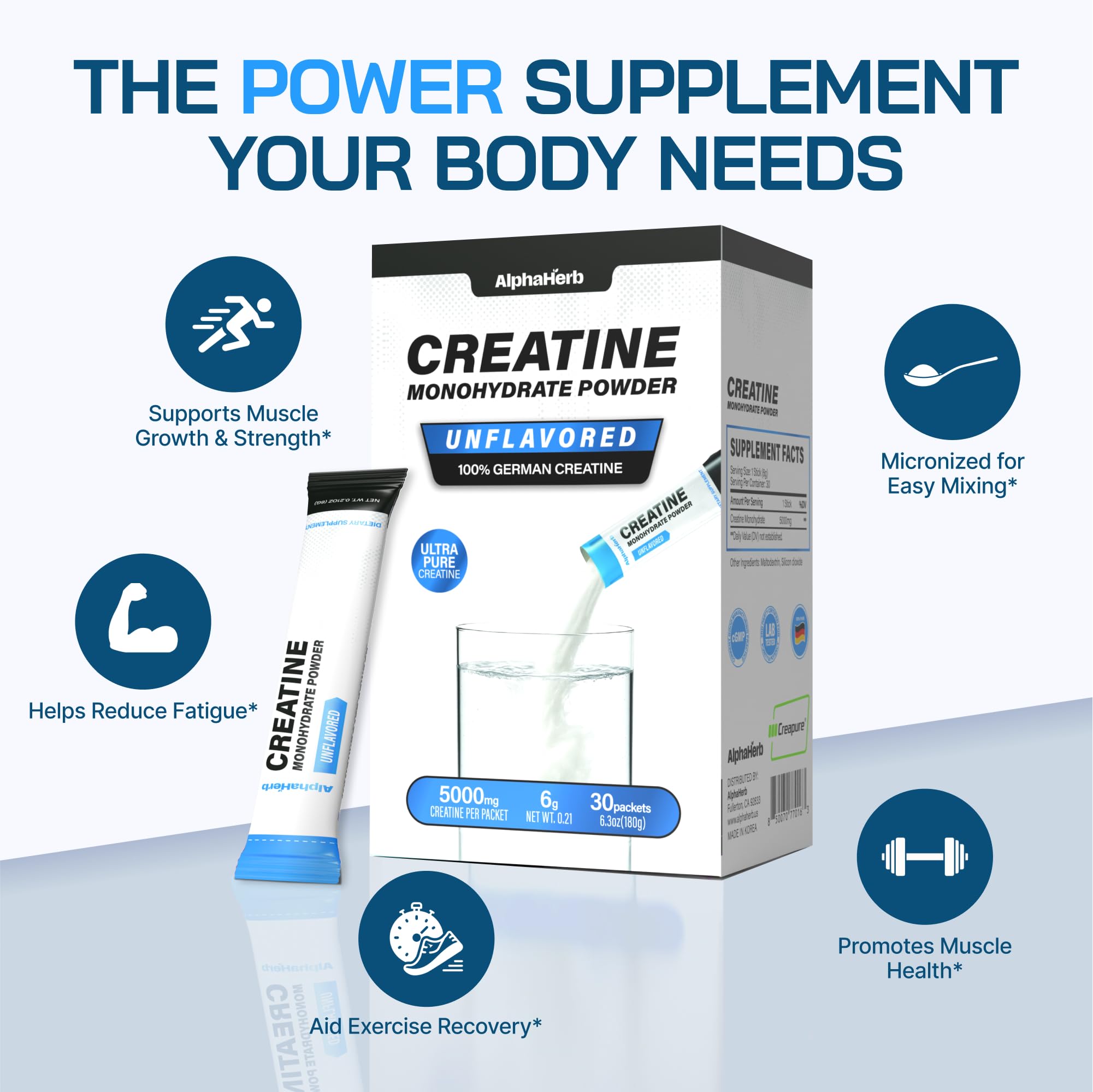 AlphaHerb creatine pour into glass for quick energy support during training.