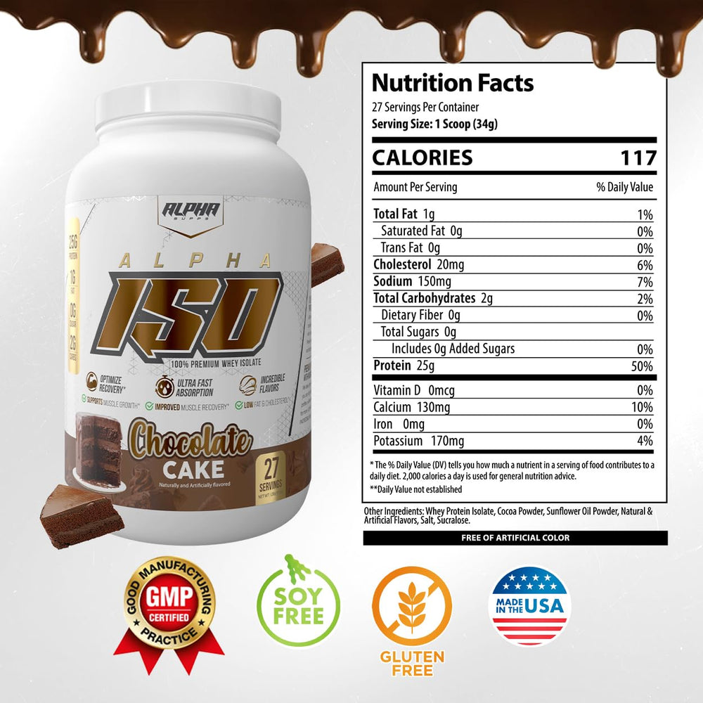 Alpha Supps ISO packaging showcases low carb and gluten-free features.