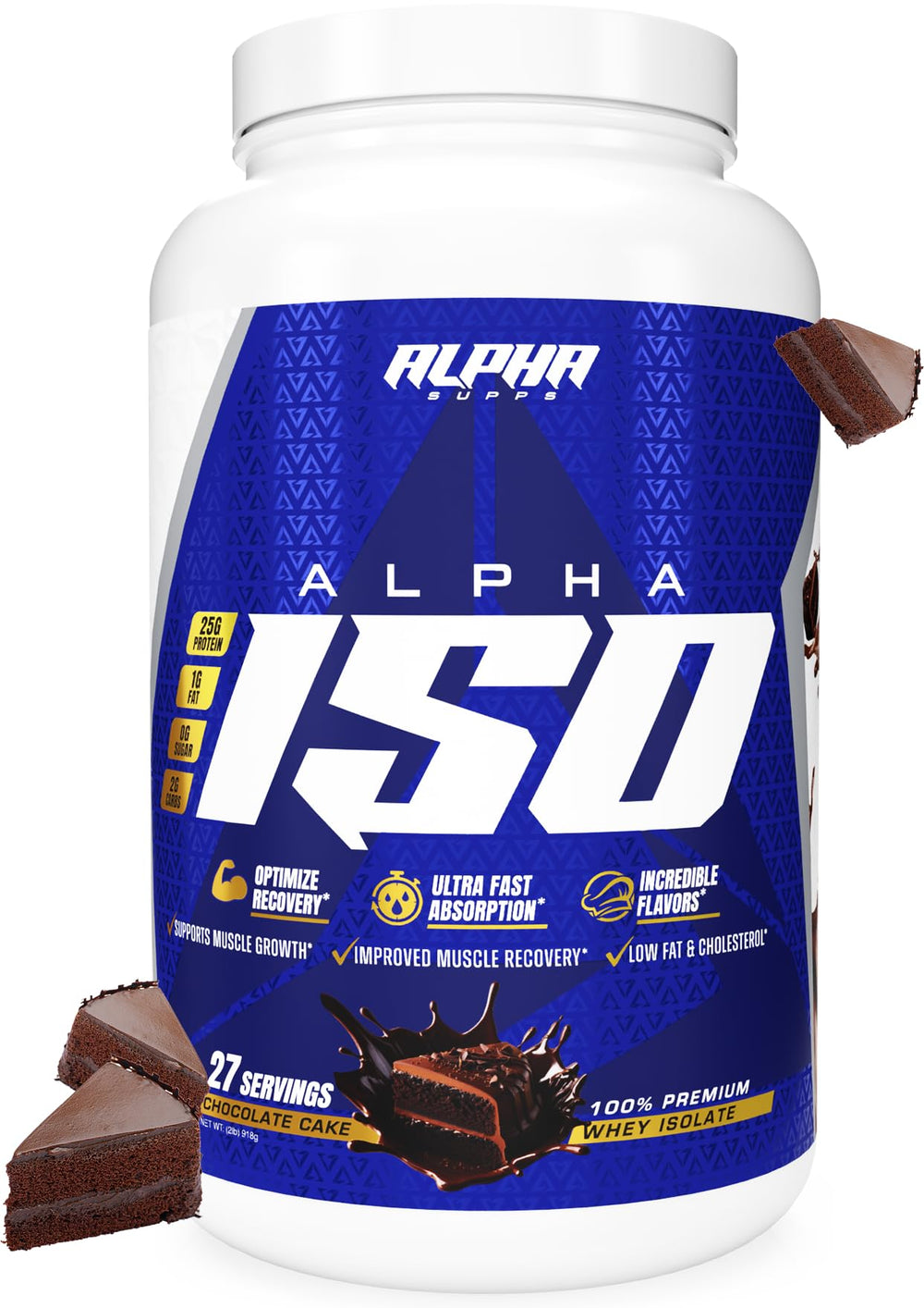 Alpha Supps ISO whey protein powder tub highlighting 25 g protein per serving for muscle support.
