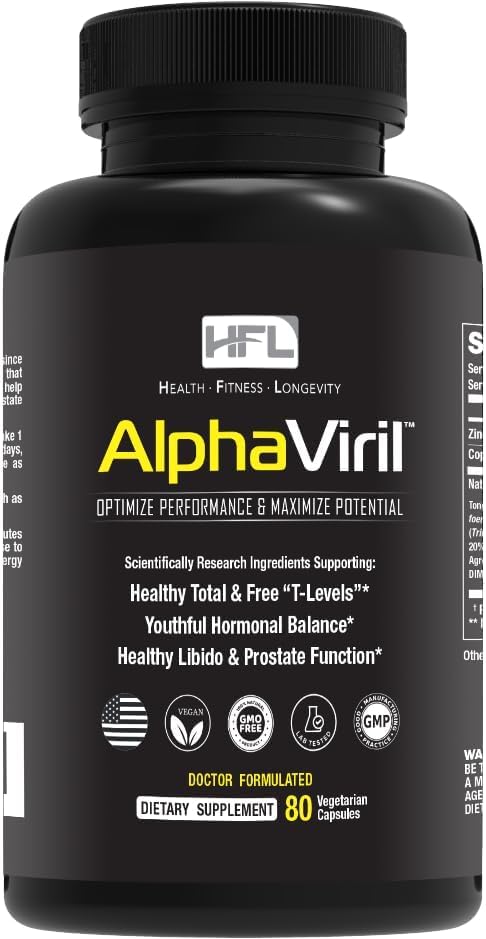 AlphaViril bottle front label communicates a trusted testosterone support formula.