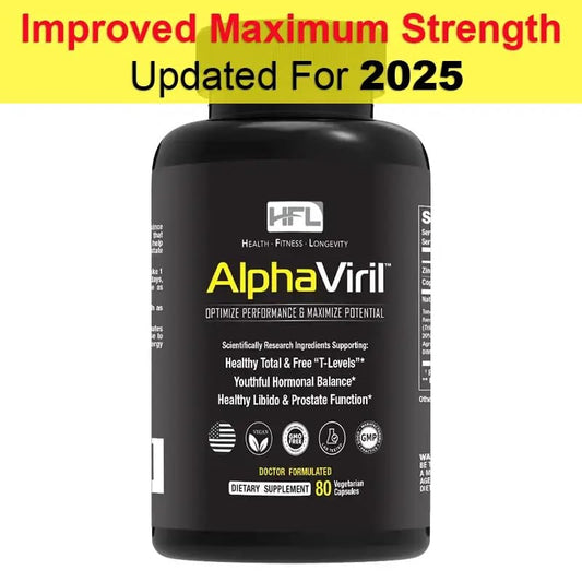 AlphaViril bottle pour shows a measured serving for daily energy and performance.