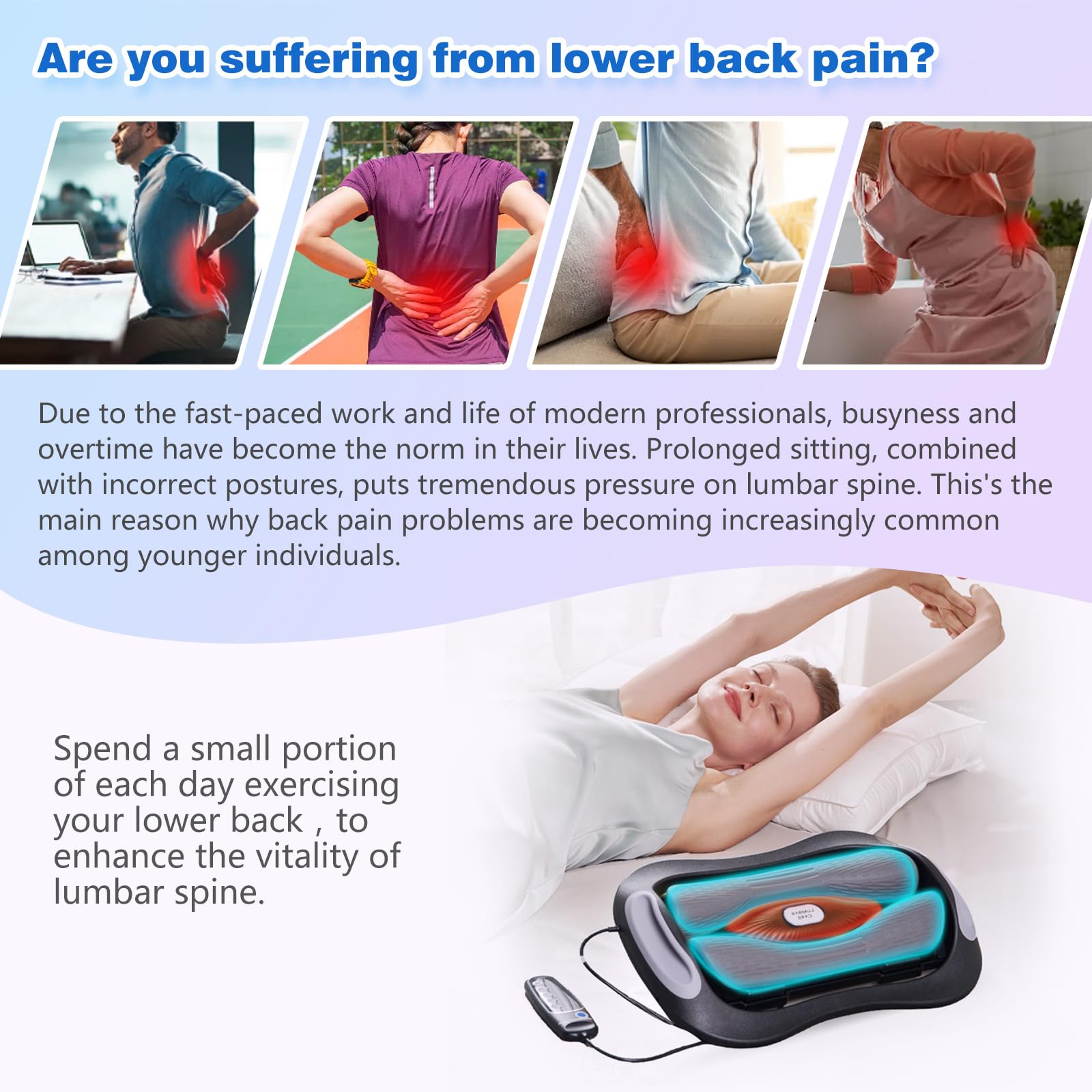 ALPHAY lumbar traction device demonstrating dynamic modes and angles
