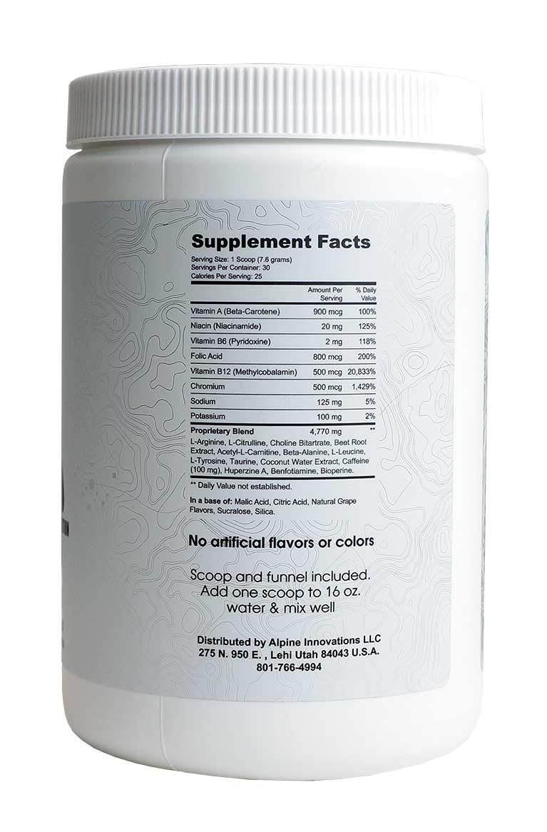 Close-up of Alpine Innovations Body Fuel label highlights flavors and clean energy.