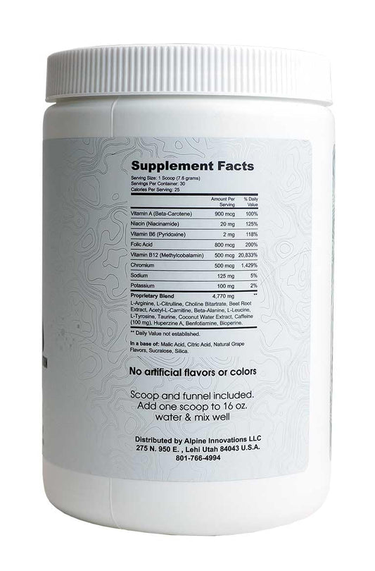 Close-up of Alpine Innovations Body Fuel label highlights flavors and clean energy.